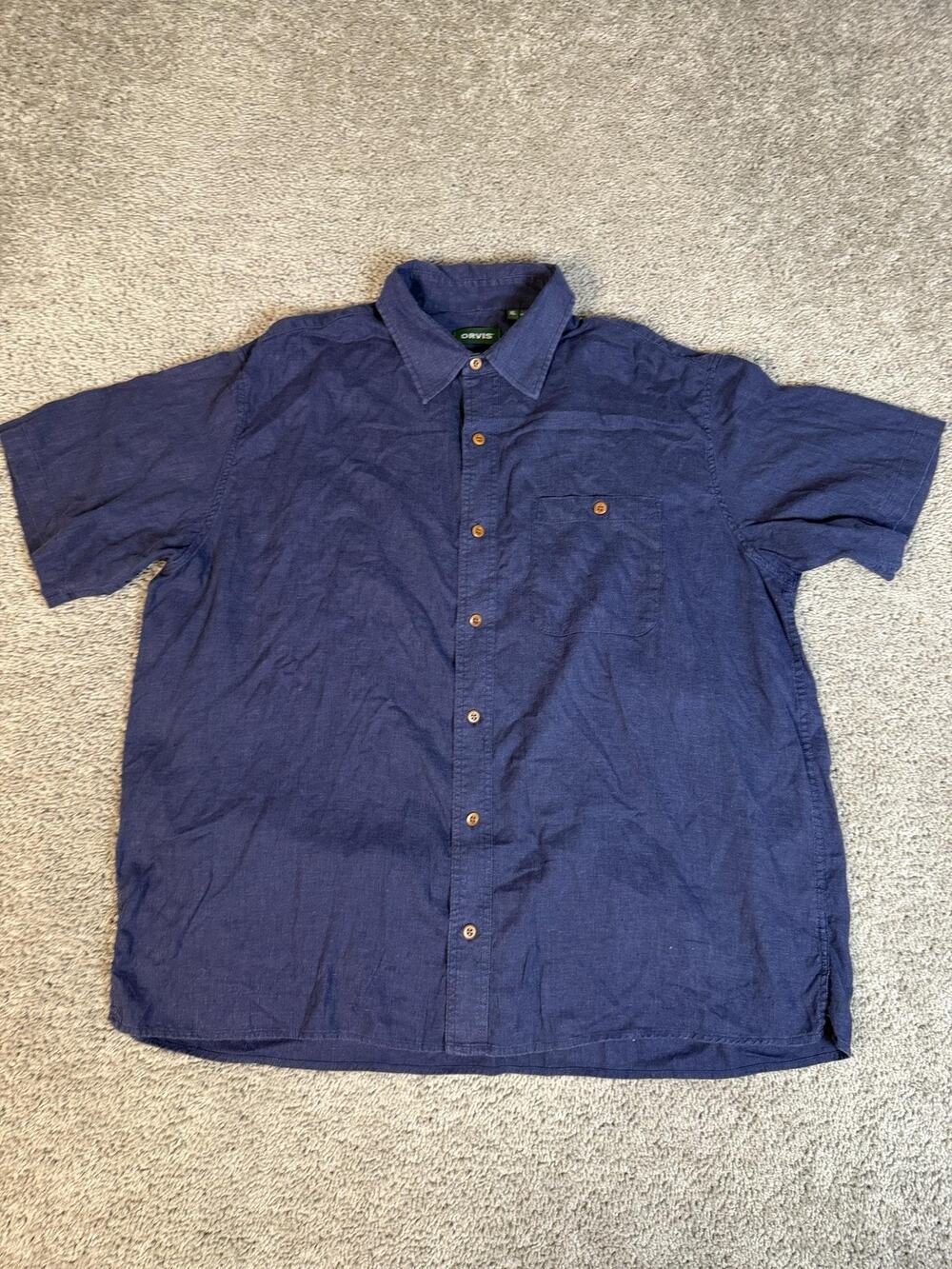 Orvis Shirt Mens XL Blue Short Sleeve Button Up Hemp Lyocell Relaxed Lightweight